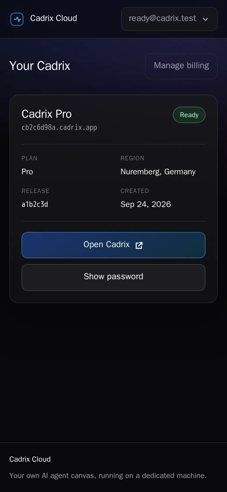 Cadrix Cloud panel on a phone: your Cadrix Pro is ready at its cadrix.app address, with Open Cadrix and Show password buttons